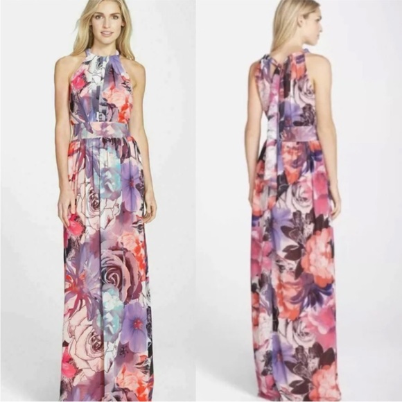 Eliza J Halter Maxi Dress Multicolor Floral Pink & Purple Feminine Sheer Flowy - Picture 14 of 16